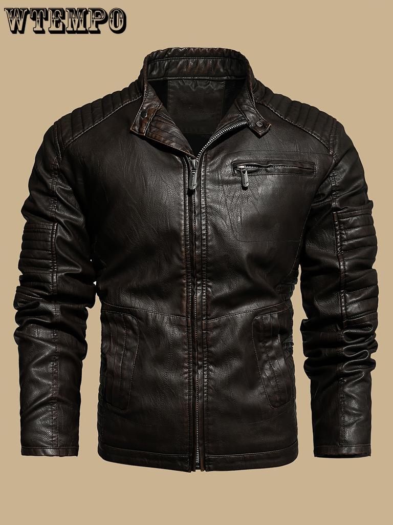 Vintage-Inspired Men's Faux Leather Jacket - Windproof, Warm Fleece Lined, Multi-Pocket Design for Motorcycle Riding & Casual Wear