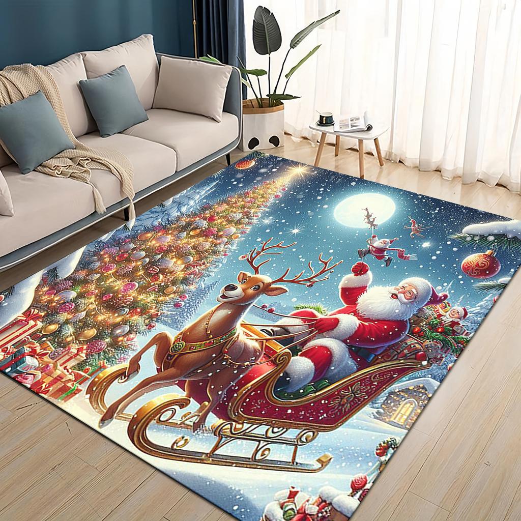 Merry Christmas Cartoon Santa Claus Snowman New Year Gift Carpet Rug for Living Room Bedroom Home Sofa Decoration,Non-slip Mat