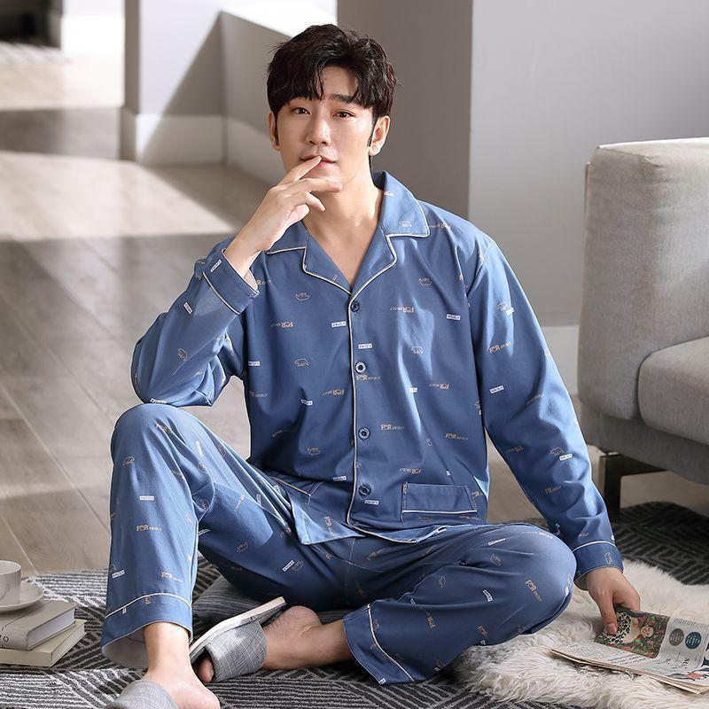Men's 100% Cotton Long-Sleeve Pajama Set, Plus Size, Cardigan Style for Spring, Autumn, and Summer.