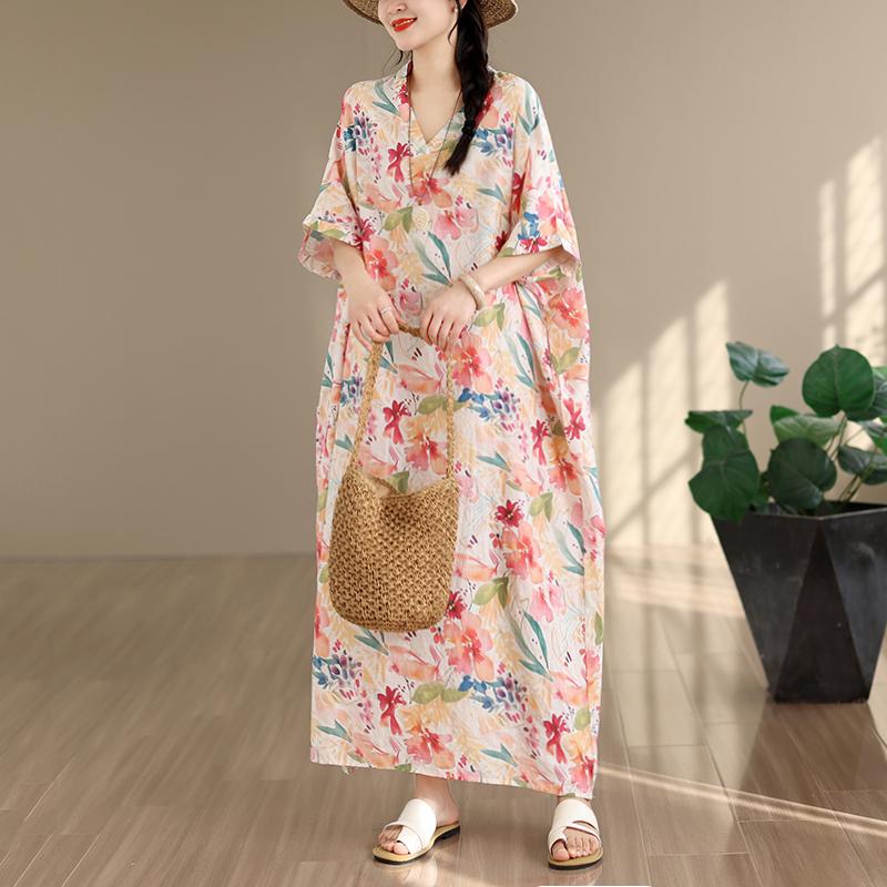 DIMANAF New 2026 Women Plus Size Summer Casual Loose Long Dress Cotton Oversize Maxi Floral Print Beach Sundress