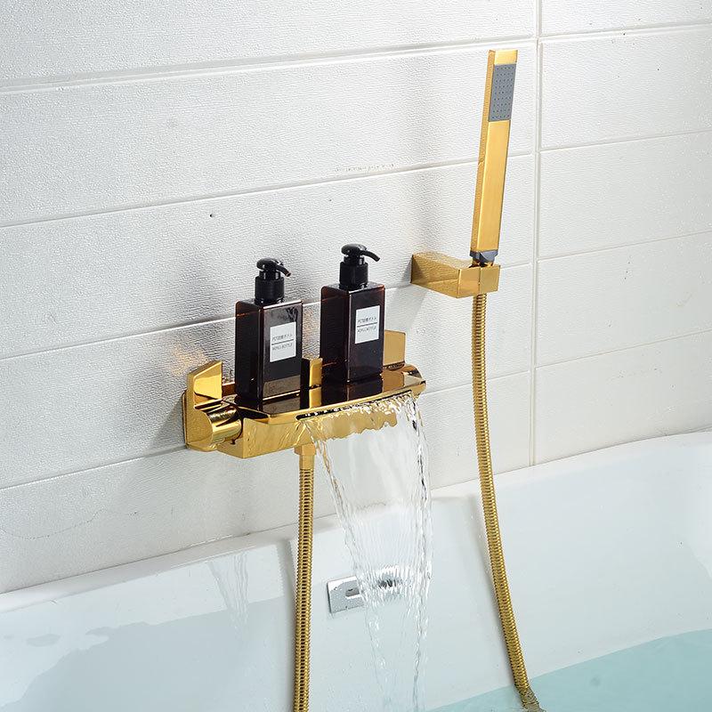 Brushed Gold Bath and Shower Faucet Set Wall Mounted Brass Gray Waterfall Bathtub and Shower Mixer Black Bathroom Taps Brass