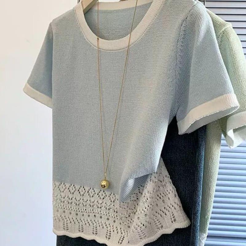 Short Sleeved T-shirt for Women Summer French Style Design Contrasting Color Ice Silk Knit Versatile Top
