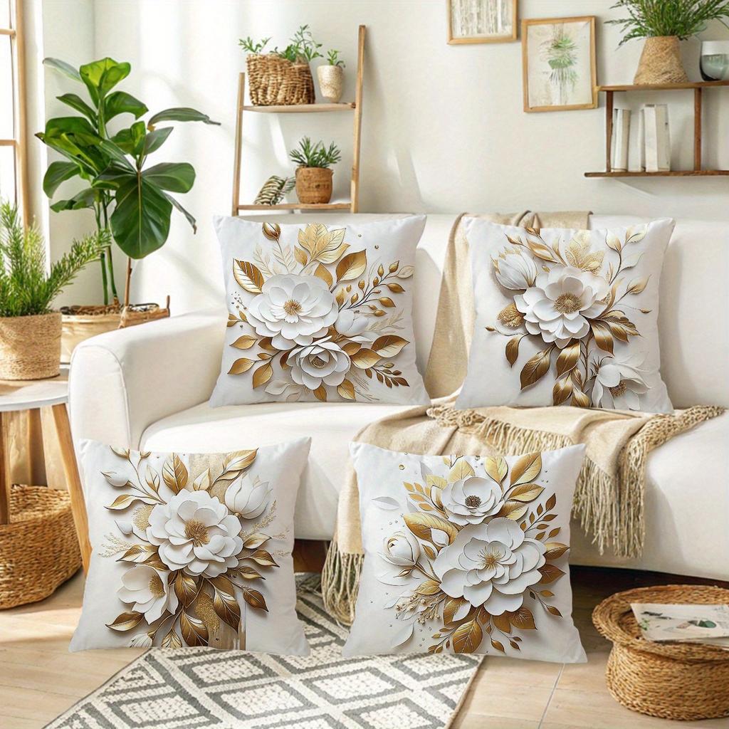 Elegant Gold - and - White Floral Pillow CoversLiving Room Sofa Cushion Cover, Soft and Comfortable, Bedroom Room Decoration