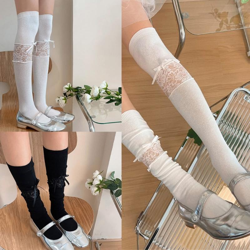 Women Lace Patchwork Calf Sock Knee Length Socks Lacing Up Knee Sock Fashion Mesh Knee Stockings Sexy Mesh Calf Socks