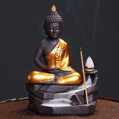 Indischer Buddha-Wasserfall-Rückfluss-Räucherstäbchenhalter aus violettem Ton für Entspannung zu Hause, Zen-Meditation