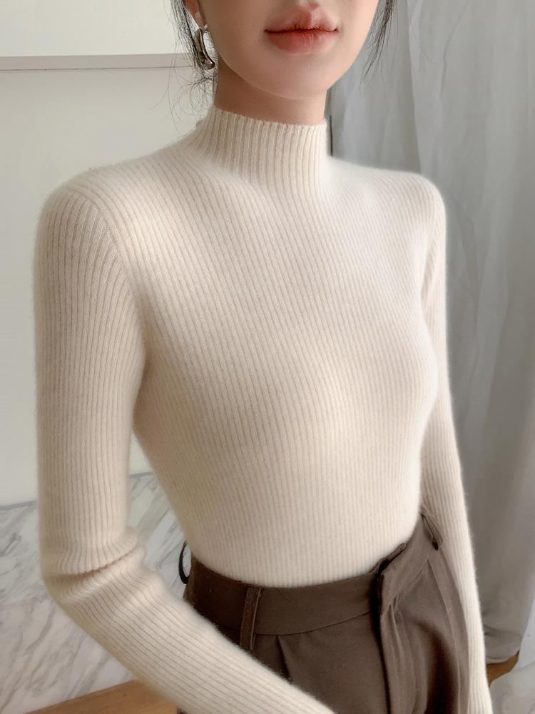 Women's Slim-Fit Cashmere Half-High Neck Sweater - Versatile Autumn/Winter Knit Top
