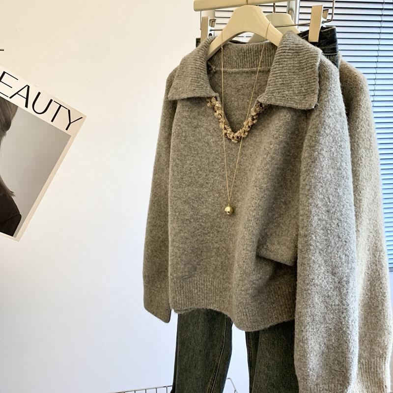 

Женский осенне-зимний свитер, утолщенный, теплый, вязаный, эластичный, с длинным рукавом, оверсайз топ S серый