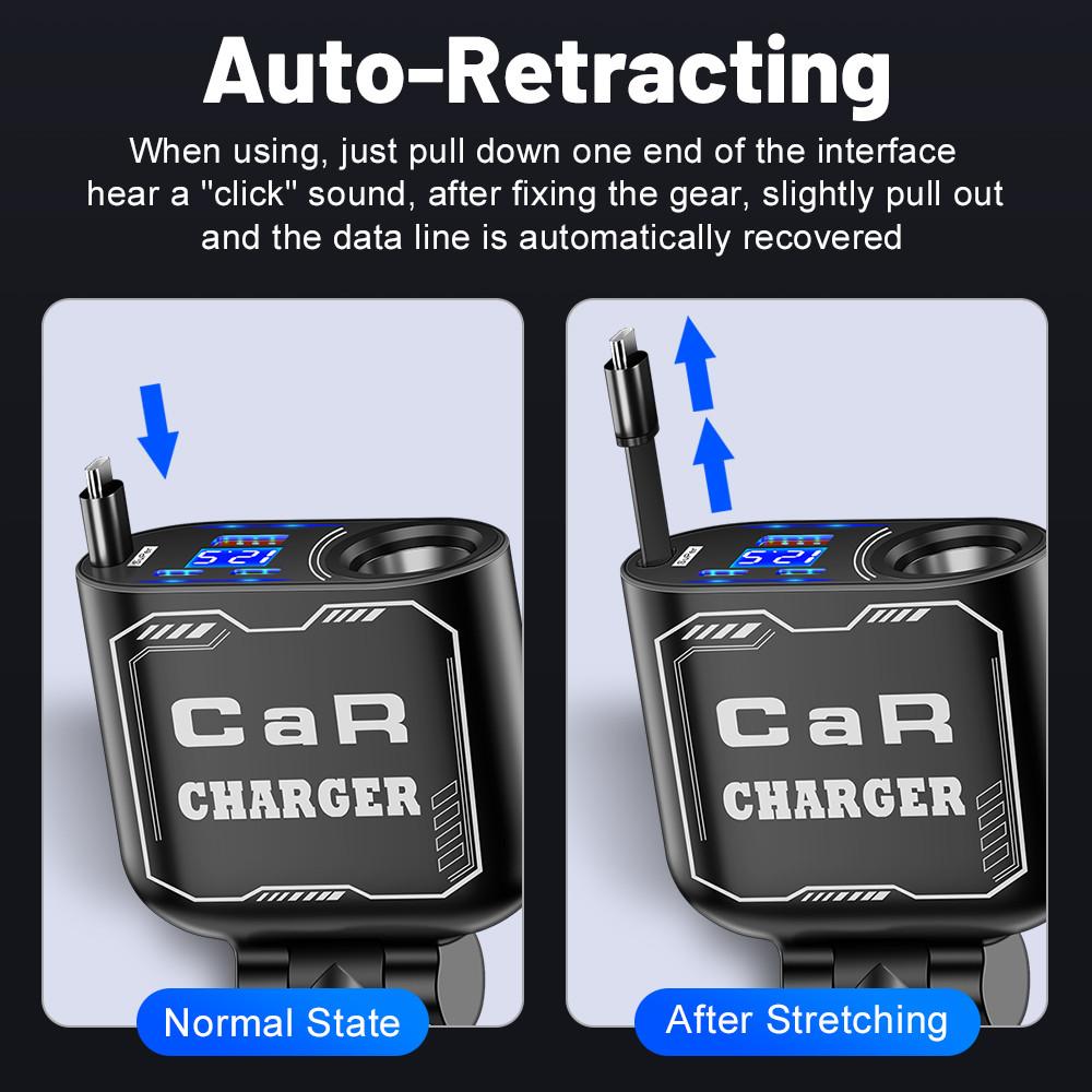 Retractable Car Phone Charger 66W Super Fast Cell Phone Charger PD USB Type C Voltage Detect Car Cigarette Lighter Adapter