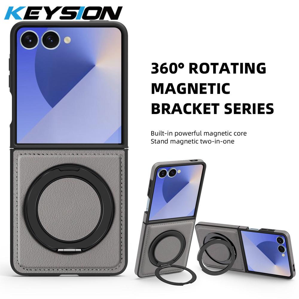 KEYSION 360° Rotating Magnetic Ring Stand PU Leather Case for MagSafe for Samsung Z Flip 7 5G 7 SE Wireless Charging Phone Cover