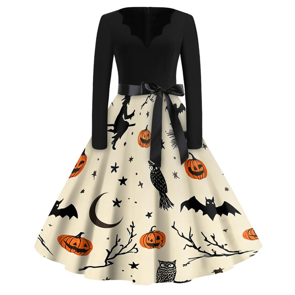 Women Casual Halloween Print V Neck Vintage Dress Long Sleeve Retro Style A Line Skater Dress with Waist Tie for Seasonal Events
