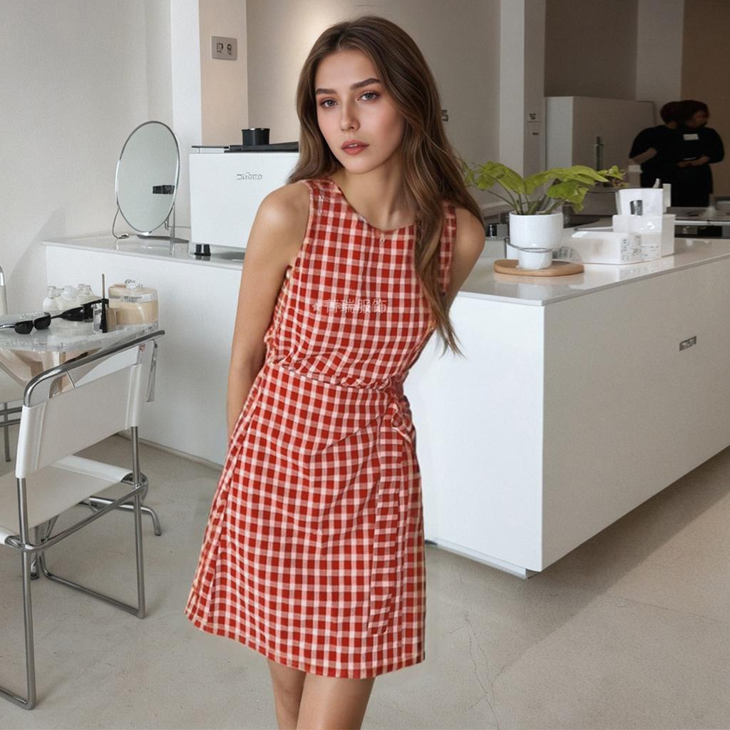 Kvinners sommer casual midje midje rutete vest ermeløs kjole