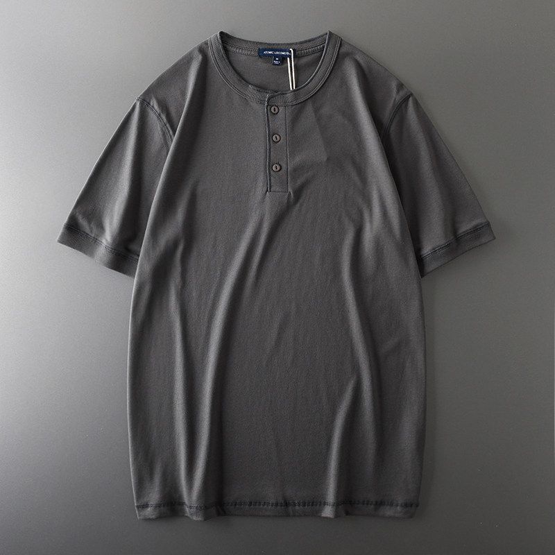 Export Tail Single Cut Label American Heavy Weight Henley Shirt Short Sleeve Men's Henry Collar Hard Han Style T-shirt Menswear Clothing Tops