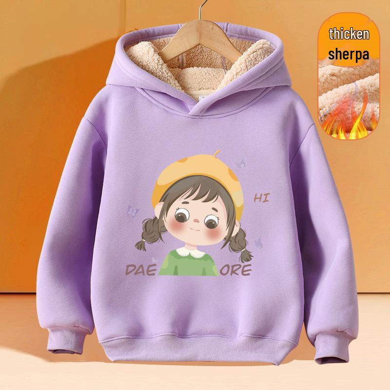 Girls' Plus Velvet Lambswool Hooded Sweatshirt - Warm, Thickened Pullover for Spring 2026 Trend