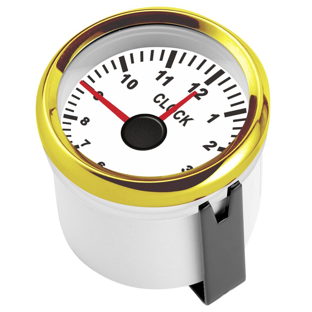 2in Universal Clock Gauge Instrument 0‑12 Hourmeter Red Backlight 12V 24V for Car Boat Yacht MotorcycleWhite Dial Gold