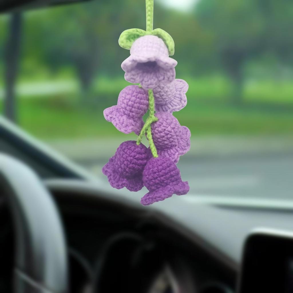 Car Rearview Mirror Hanging Ornament, Crochet Flower Basket Plant Accessory, Handmade Knitted Car Ornament Boho Accessory for Women (Lily of The