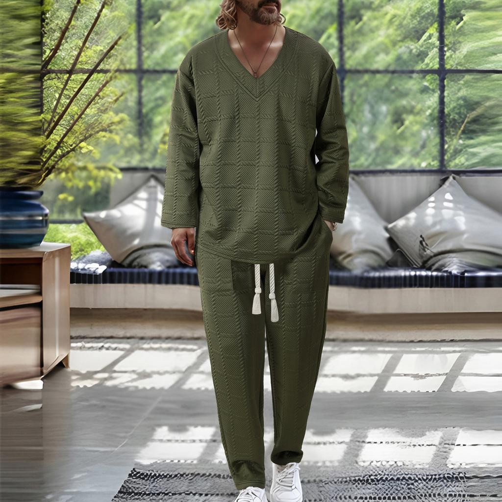 Męski casualowy zestaw sportowy z koszulą z długim rękawem zapinaną na guziki ze stójką i długimi spodniami