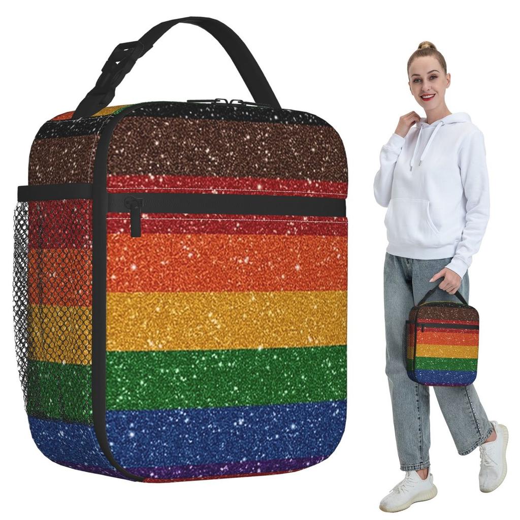 Faux Glitter Rainbow Pride Flag LGBT Gay Lesbian Insulated Lunch Bag for Kids School Cooler Thermal Food Box Tote Lunch Boxes