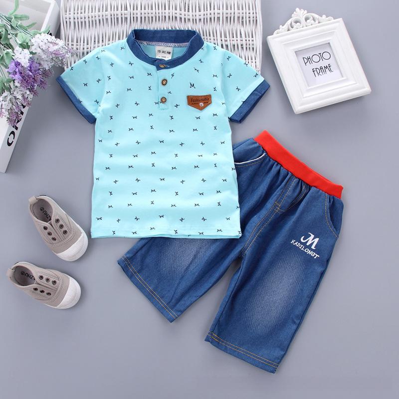 

Boys Short Sleeve Summer New Children s Stand Collar Sports Set Trendy Style Toddler Baby Two-Piece Summer Outfit 120cm світло-синій колір