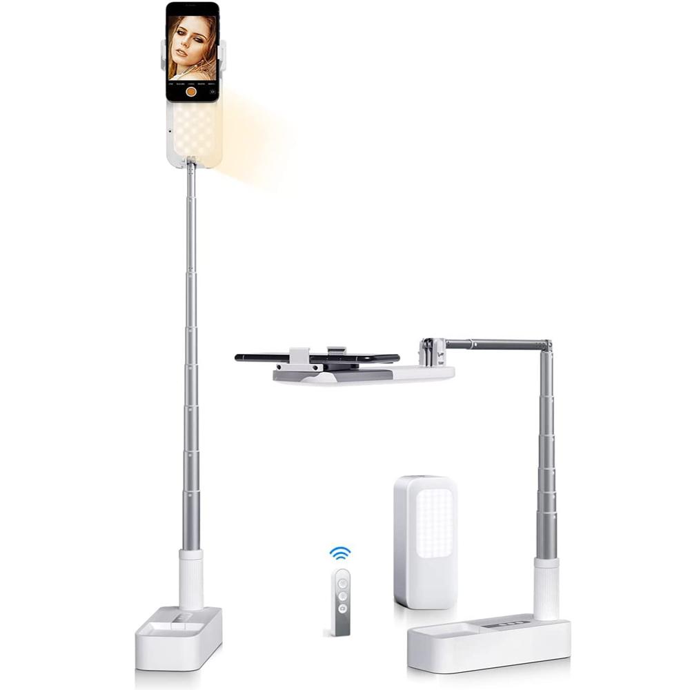 

Выдвижная подставка для селфи с вращением на 360°, держатель для телефона, перезаряжаемый беспроводной, складной, 7-светодиодный заполняющий свет для записи видео в реальном времени белый