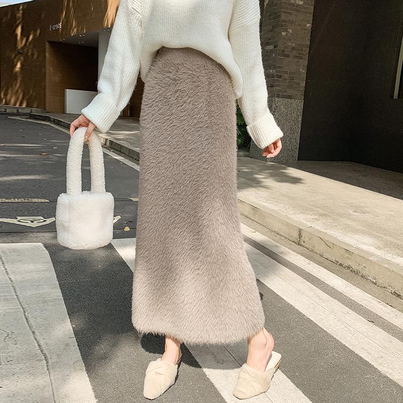 Korean Style Slimming Faux Mink Knit A-Line Midi Skirt for Women - Warm, Winter-Chic