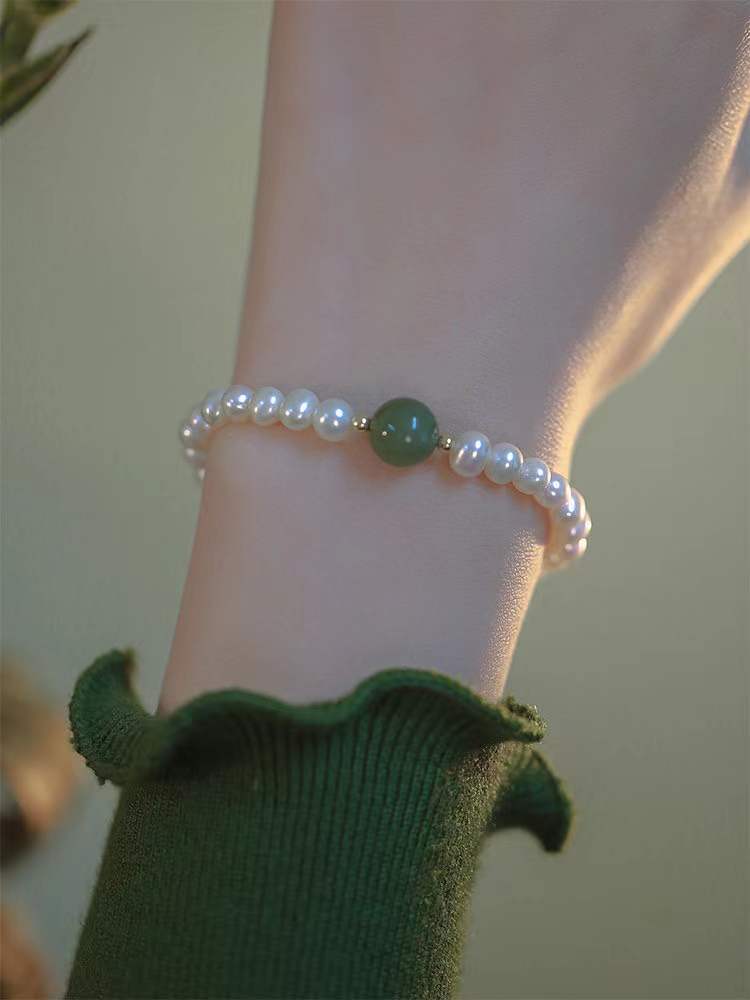 

100% Натуральний Нефрит & Прісноводні Перли 14K Золото, заповнене Жіночий Браслет Для Жінок Подарунки на День народження