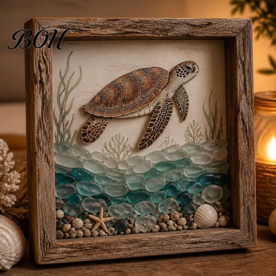 Exquisite Design Ornament Sea Glass Art Painting with LED Light, DIY Mosaic Arts and Craft Kit, Picture Frame Lamp Ocean Themed Beach Kit for