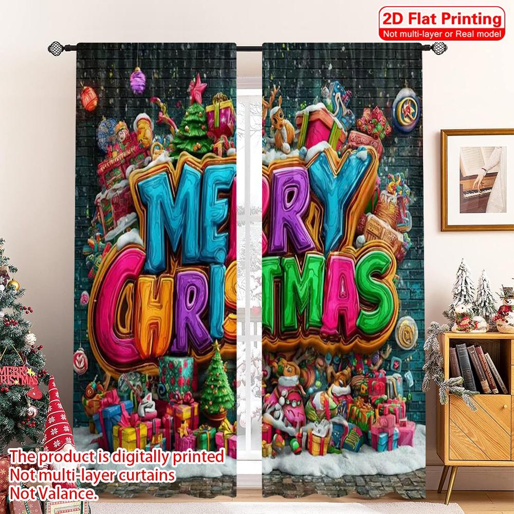 

Set Of 2 Flat Printing Merry Christmas Popular Party Window Curtains Versatile Durable Polyester Without Electricity Curtain W100*H70(CM)-Rod Pocket&1PCS