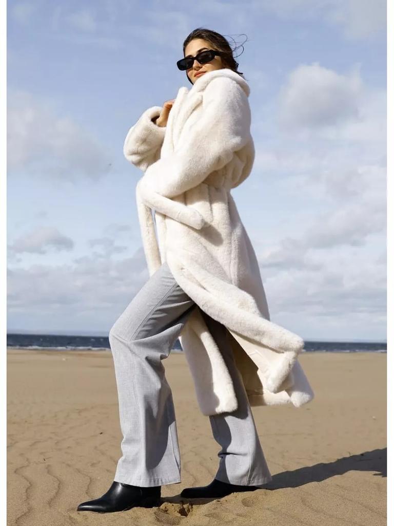Faux Fur Long Coats Women Jackets Overcoats Lace Up Turn Down Collar Full Sleeve Open Stitch Thick Loose Y2k  Autumn Winter