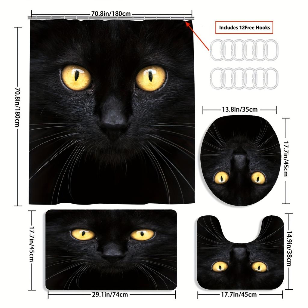 1/4 יחידות סט וילון מקלחת עמיד למים יוקרתי חתול שחור סט אמבטיה דקורטיבי שטיחון מונע החלקה כיסוי לאסלה שטיחון אמבטיה ו-12 ווים