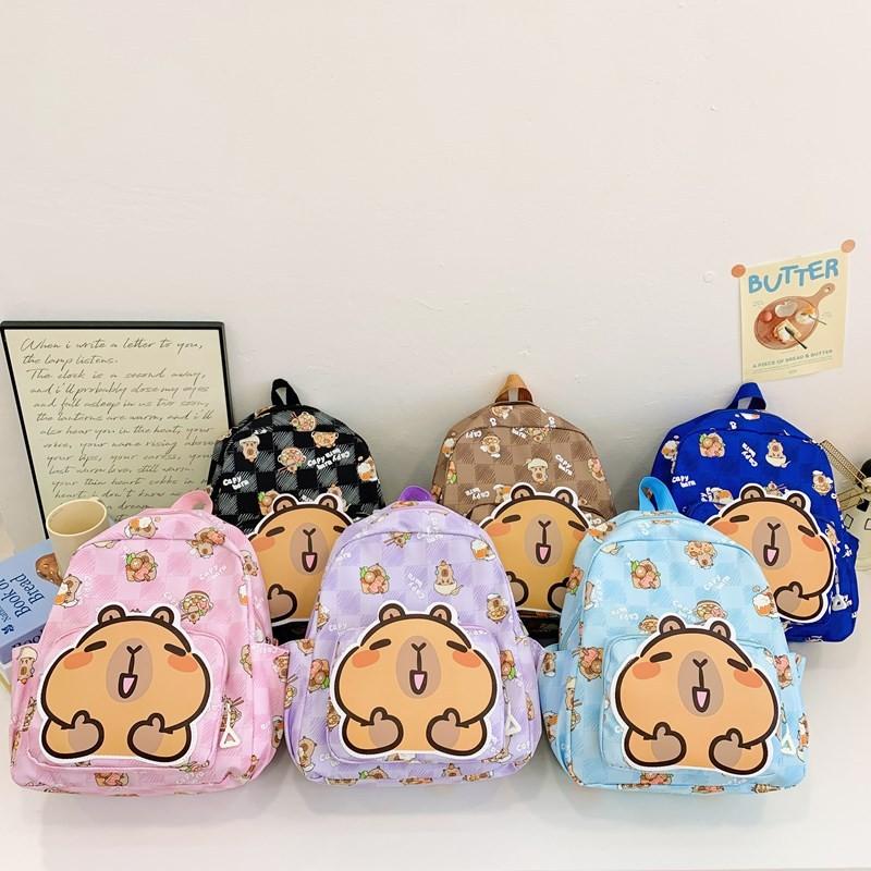 Vibrant Capybara Cartoon School Backpack For Children With Durable Nylon Material And Design Fun