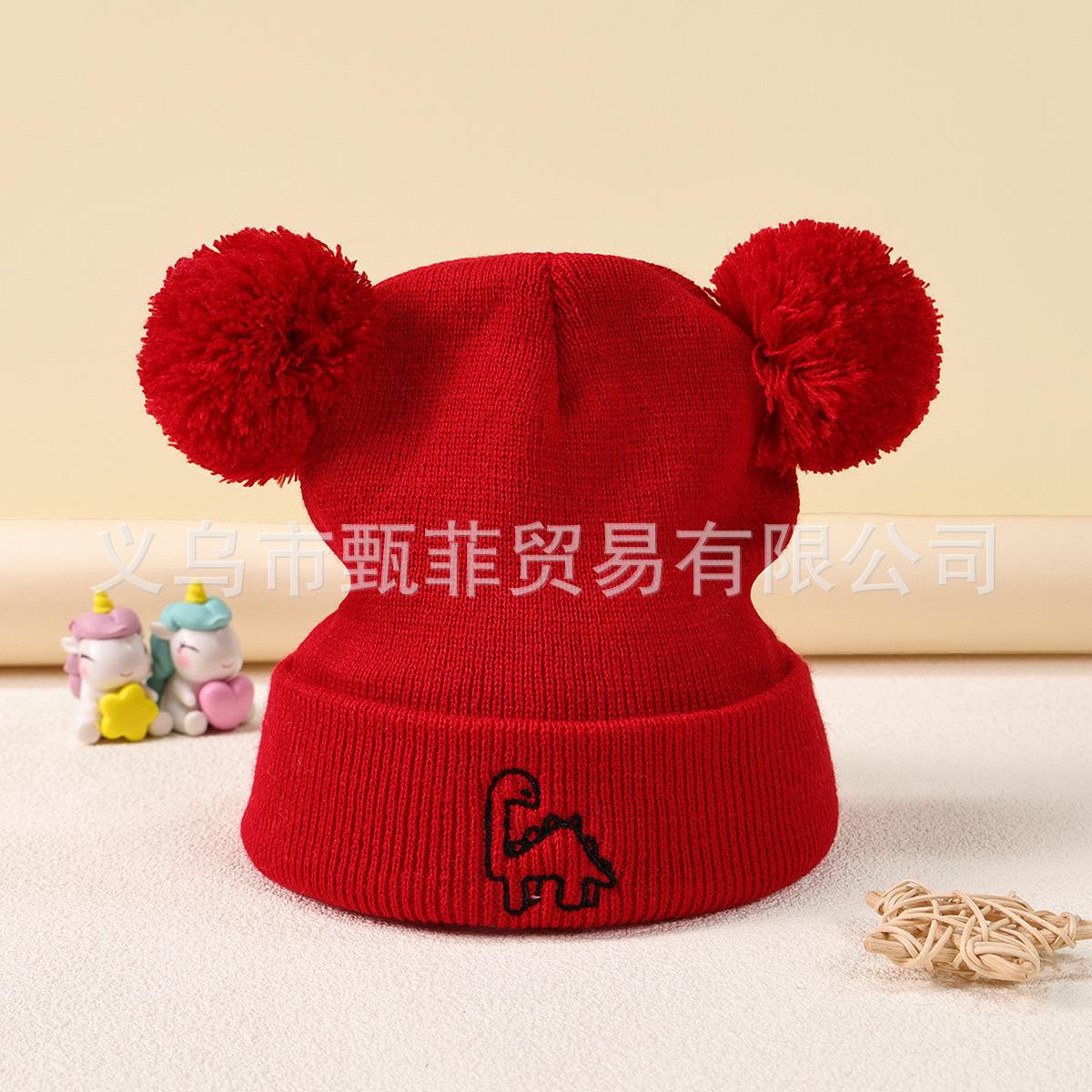 Autumn And Winter Boys And Girls With The Same Casual Simple Plush Dinosaur Embroidered Knitted Hat красный