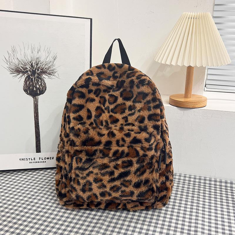 Lässiger Plüsch-Schulrucksack mit großer Kapazität, Leopardenmuster und Kuhmuster, Herbst-Winter-Felltasche, süßer Freizeit-Rucksack für Mädchen