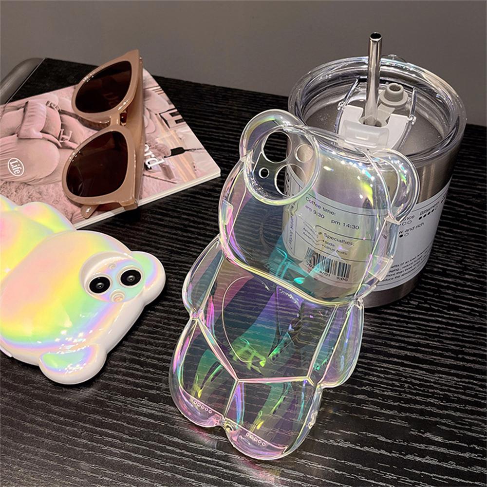Korejský Roztomilý 3D Laserový Medvídek Průhledný Kryt na Telefon Pro Iphone 14 13 12 11 Pro Max Stylový Silikonový Nárazuvzdorný Měkký Kryt Funda