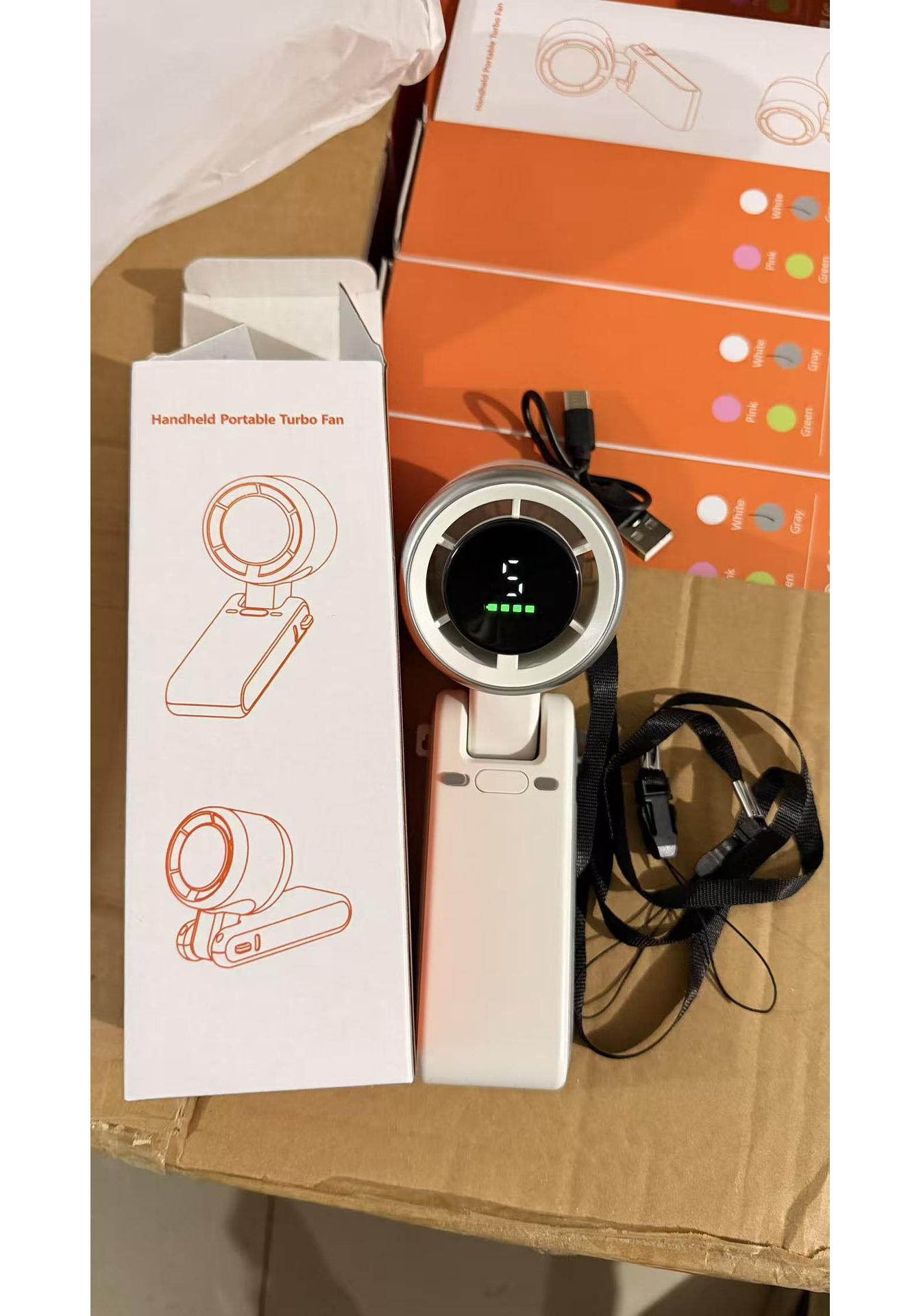 N607 Portable High-Speed Turbo Handheld Fan with Digital Display, USB Charging, Neck-Hanging, and Folding Features 1200mAh