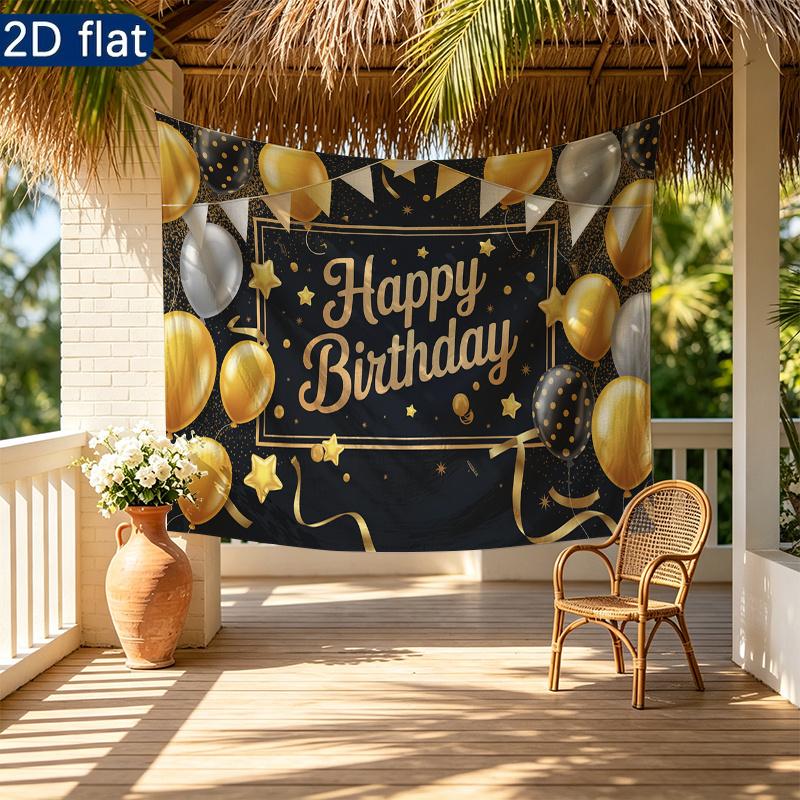 Birthday Party Flowers Butterflies Balloons Banner, Pastel Polyester Backdrop for Wall Hanging Decor
