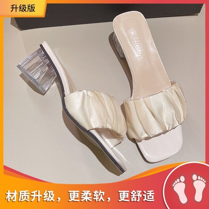 Women High Heeled Sandals Summer New Fashion Crystal Thick Heel Style Waterproof Summer Coat Square Toe Mid Heeled Sandals