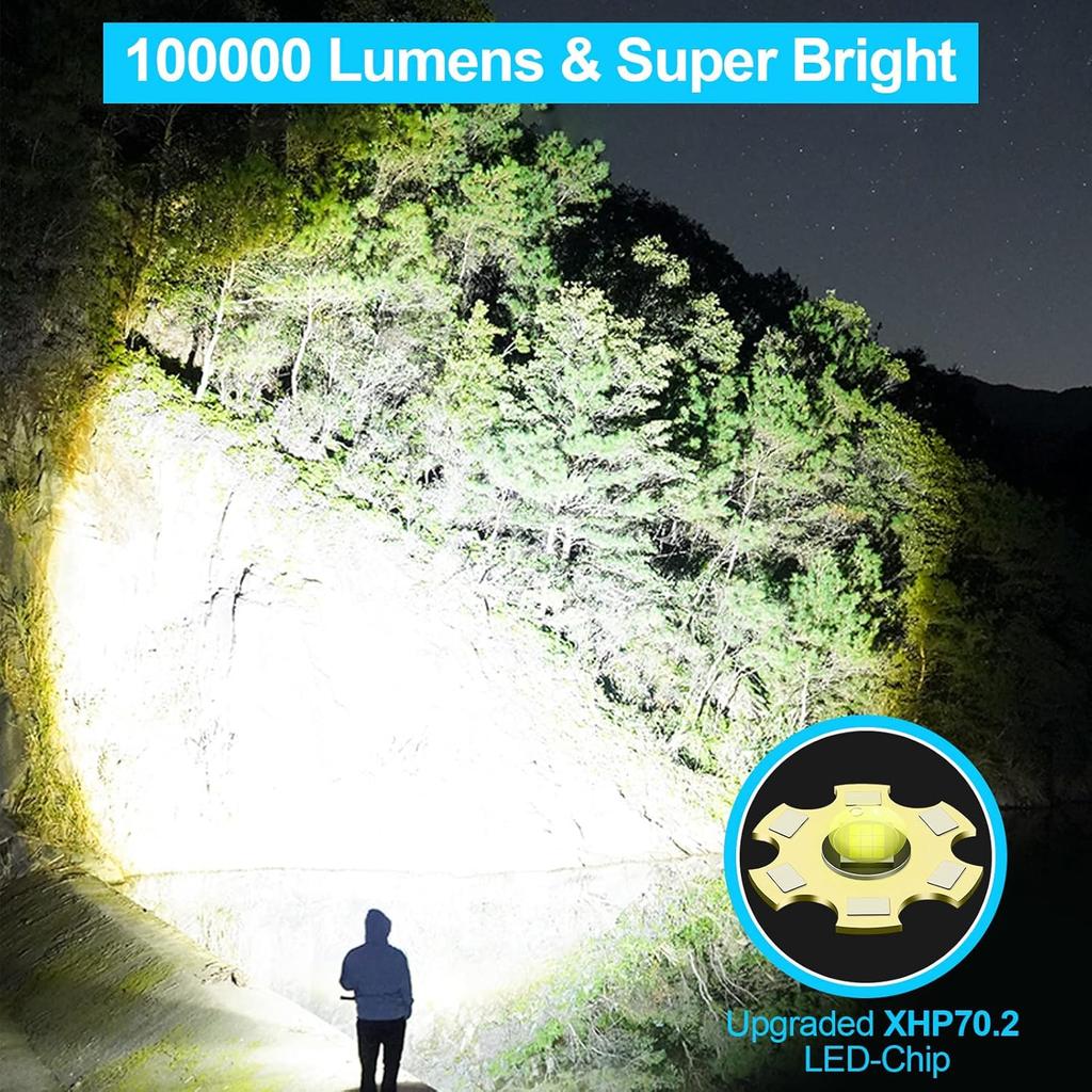 Flashlights High Lumens Rechargeable (Battery Included), 100000 Lumens XHP70.2 Super Bright LED Flashlight with Holster, Type-C, 5 Modes, Zoomable,