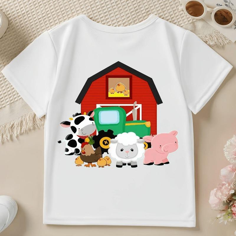 Boys Farm Animals & Tractor Print Crewneck All Season Casual Short Sleeve T-Shirt