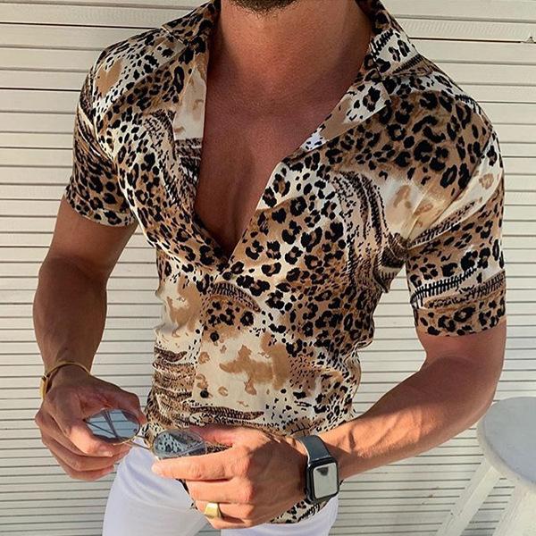 Sexy Herren-Hemdoberteil mit Leopardenmuster und Anzugkragen und kurzen Ärmeln