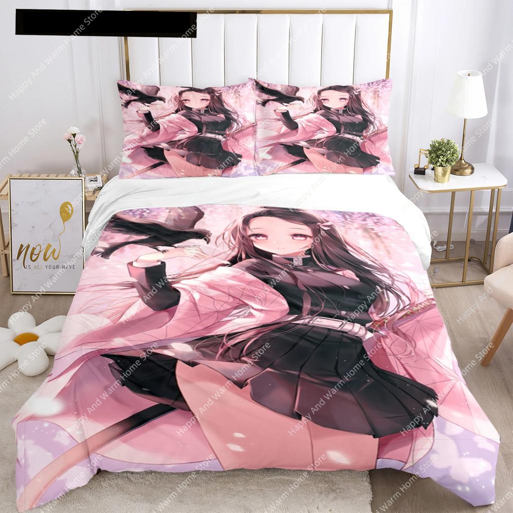 Comforter Anime Demon Slayer Print Bedding Set 2/3Pieces Nezuko Queen Double Single King Size Boys Adults Gift