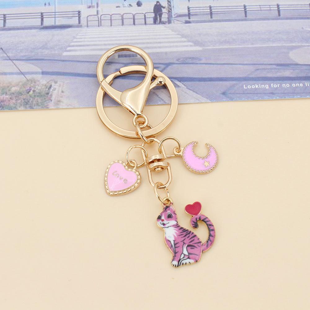 Derpy Moon Cat Keychain Pendant with Star Charm - Cute Kitten Bag Accessory