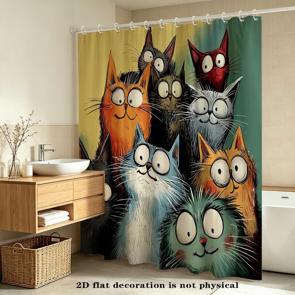2D Flat, 2D Flat, 2D Flat Shower Curtain 1pc Multicolor Cat Pattern Curtain Fabric, Fun Cartoon Animal Illustrations, Vibrant Fe
