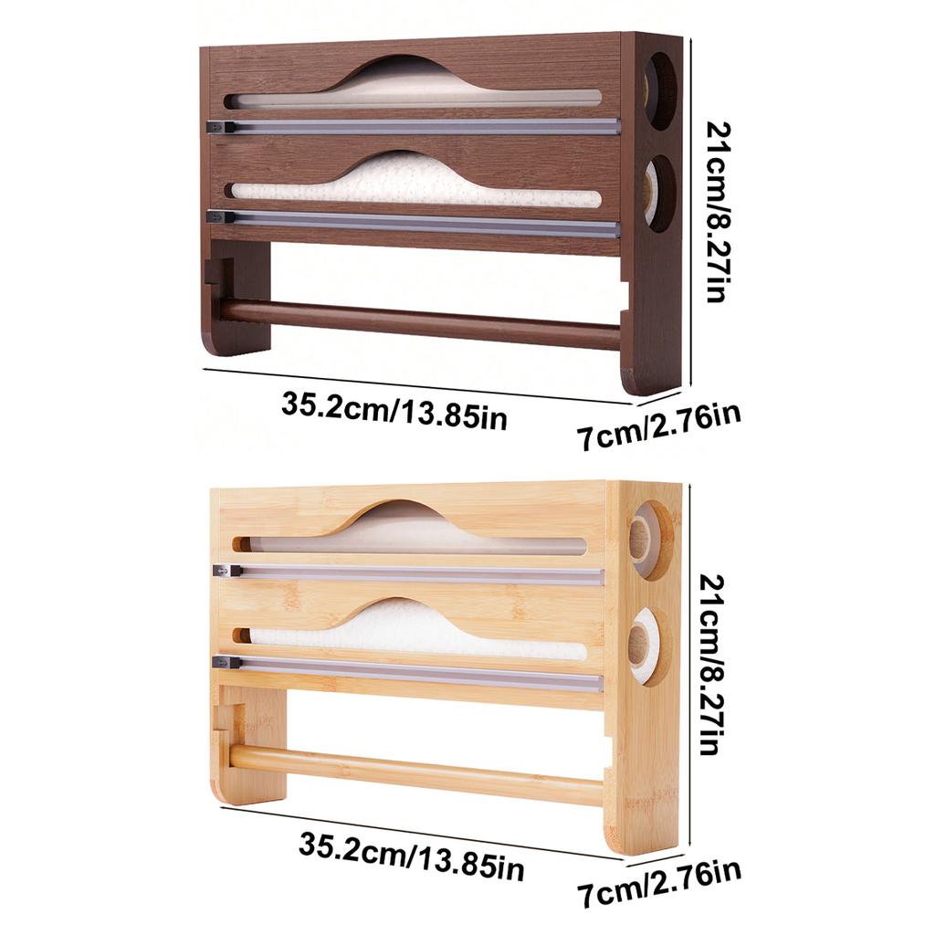 Bambus 2 Fach Frischhaltefolie Zinn Folie Cutter Box mit Küche Papier Wand Montiert Papier Handtuch Organizer
