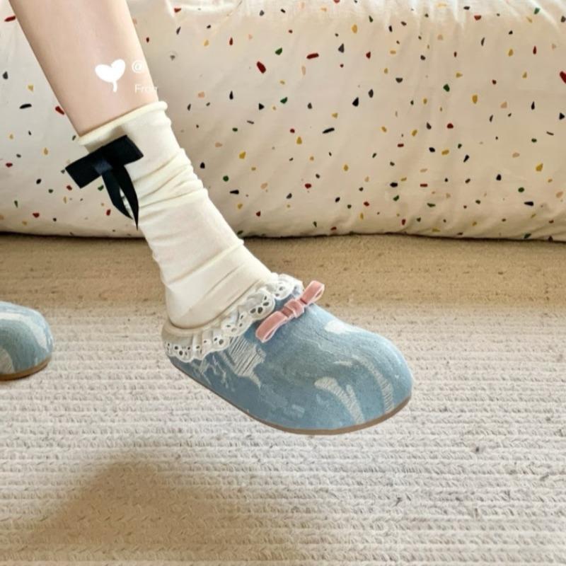 Fashion Spring New Style Flat Shoes Women's Round Head Deep Mouth Cow Suede Butterfly Knot Soft Sole Anti-slip Wear Slippers