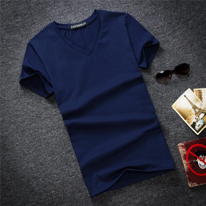 QICED Men's Tide Cotton Short Sleeve Summer Solid Colour V-Neck T-Shirt