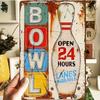 Vintage Metal Bowling Sign  Retro Iron Wall Decor with PreDrilled Holes Rustic for Man Cave Plaque Open 24 Hours  Lanes Ava
