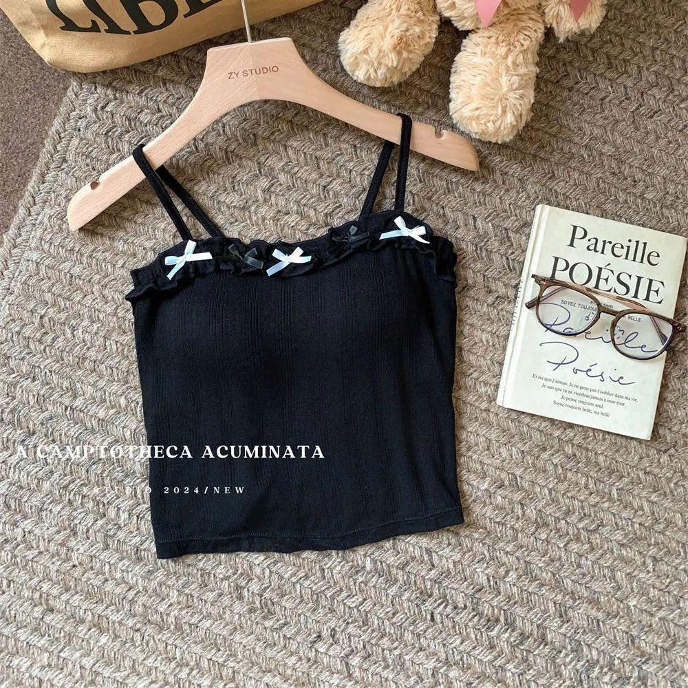 Korean Style Bowknot Patchwork Camisole with Chest Pads - Women's Summer Spicy Girl Lingerie
