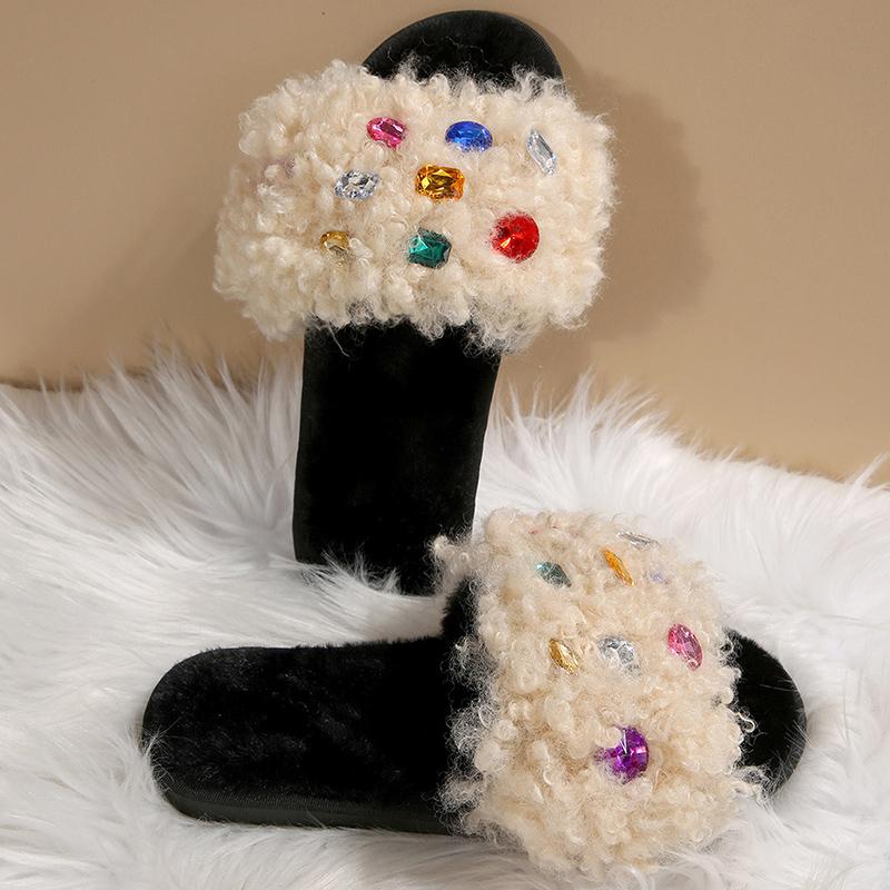 Fashion Fashion Rhinestone Cotton Slippers Women Light Flat Heel Slippers Woman Autumn Winter Indoor Anti Slip Plush Slides Female