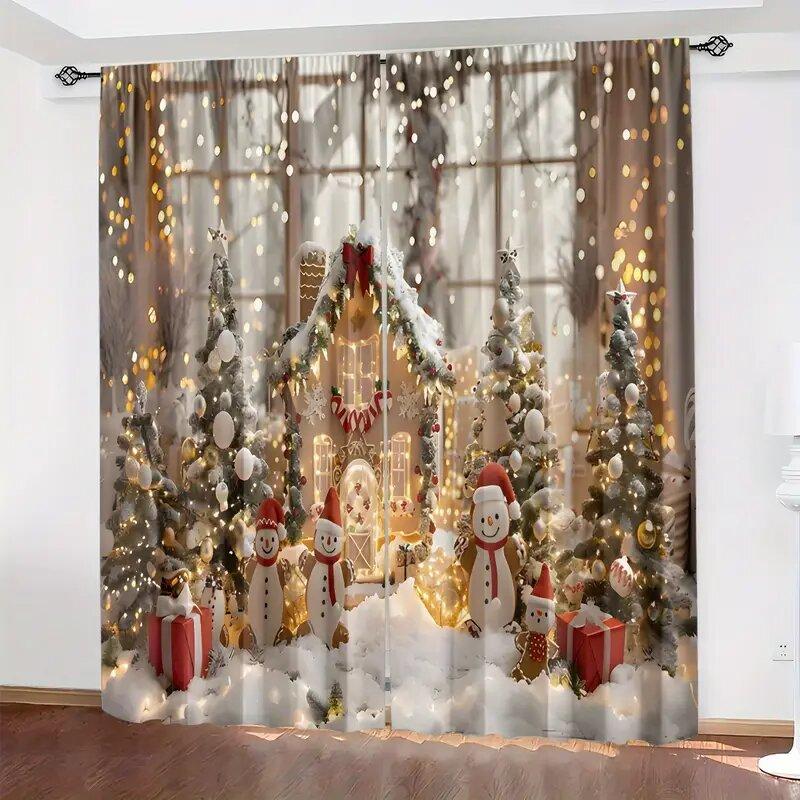 Set Of 2 Christmas Holiday Snowman Tree Pattern Printed Curtains Home Decoration Room Curtain Polyester