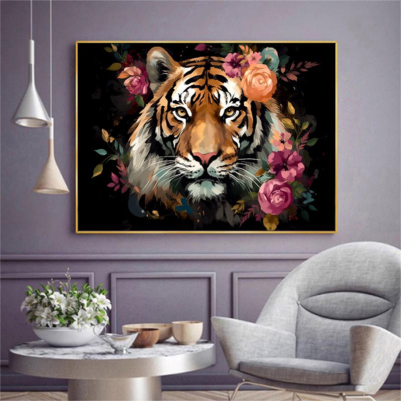 5d DIY Diamond Painting Cross Stitch Oil Painting Animal Tiger Flowers Diamond Embroidery Mosaic Full Round Drill Home Decor Arts